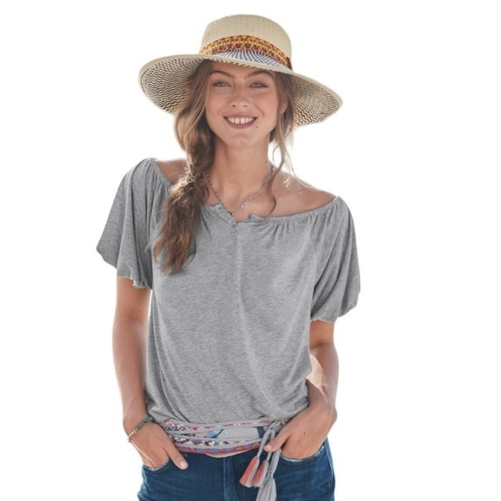 Sundance Women’s Starling Tee Gray Off‎ The Shoulder Bubble Sleeve Top Sz Small
